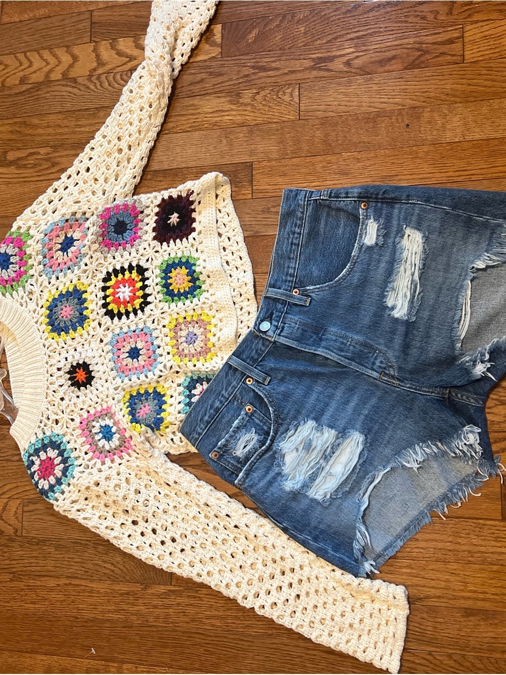 Crochet Granny Square Sweater - Cream with Multi Color Squares